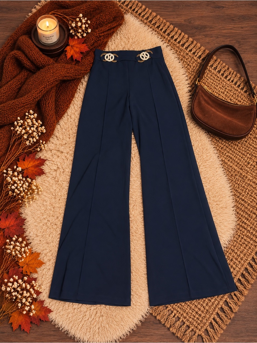 Fashion Nova Navy Wide-Leg Trousers with Gold Chain Detail